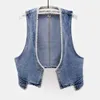 Kvinnors västar våren Nya koreanska denim väst Kvinnor Waistcoat Pärlor V-hals Front Short Back Long Jeans Vests Slim Blue Sleeveless Jacket Kvinna HKD230812