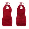 Casual Dresses Women's Sexy Cut Out Backless kort kjol med nacke snörning upp veckad skinka wrap klänning