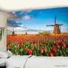 Wandteppiche rosa Tulpe Blumen Wandteppich Wand Hanging Garten Wandteppich Kunst Schlafzimmer Home Schlafzimmer Hintergrund Wanddekoration Picknicktuch R230812