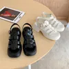 Sandales en cuir blanc noir plat s cheville boucle chaussures d'été sexy femelles ouvertes fashion une sangle sandalias 2023 chaussures