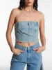 Frauen T -Shirts Frauen Denim Tube Tops Feste Farbe Knopf ausgefranter Saumboot Hals trägerloser Wickelkiste Sommer Rückenless Bandeau