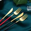 Dijksets Sets 4 pc's Zwart goud bestek Set 18/10 roestvrijstalen Portugal Zilverwerk Flatware Mes Fork Lepel Druppel