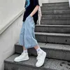 Weitbein-Jeans Männer Sommer Harajuku Mode Kalb-Länge ausgestattete Hose losen lässiger gelegentlich gewaschene Jeans japanische Streetwear HKD230812