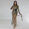 Casual Dresses Zoctuo O-neck Sheer Mesh Slimming Dress Beaded Fringe Skirts For Women Long Sleeve Gold Striped Vestidos Clothing Robe