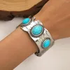 Bangle Vintage Bohemian Silver Color Turquoise Open Bracelet For Women Turkish Natural Stone Bangles Ethnic Style Jewelry 2023