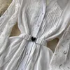 Vestidos casuais básicos 2024 Autumn elegante vestido de bordado branco Mulheres de manga comprida Hollo
