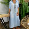 Casual Dresses Denim Dress Turn-Down Neck Half Sleeve Solid Color Summer Leisure Loose Long Women Clothing