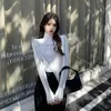 Women's T-Shirt Turtleneck Inside Long Sleeve Women T Shirts Irregular Bright Line Decoration Crop Top Fashion Slim Sexy Casual Sports Clothing 230811