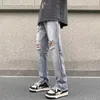 Summer Mens Ripped Jeans Blue Loose Fit Hole Wide-Ben Pants Casual Fashion Trousers Streetwear High Quality Denim Man Clothing HKD230812