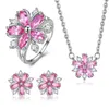 Necklace Earrings Set Ladies Jewelry Pink Crystal Snowflake Ring Earring Cute Cherry Flower Three Piece Bridal Wedding Accessories