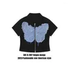 Women's T Shirts American Retro Butterfly Patch Short-sleeved Girl Zipper Design High Waist Top Women Clothing Harajuku