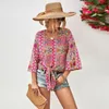 Blouses de femmes Sexy V cou de cou sur les chemises imprimées 2023 Spring d'été Rouffles à lacets Lacet Up Out Casual Loose Streetwear Pullover Tops et