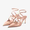 Fashion Women Sandals Senior AZIA PUMP 75 mm Italy Classic Pointed Toe Cross Double Ankle Sling Buckle Black Nude Patent Leather Designer Sandal High Heels Box EU 34-43