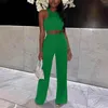 Women's Two Piece Pants 2 Outfits Fashion Summer Bodysuit Round Neck Crop Basic Top Wide Leg Long Set Ladies Jumpsuits Party Club