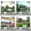 Tapissries Park Natural Landscape Tapestry River Pavilion Green Plants Flowers Chinese Style Landscape Decoration Home Wall Tapestry R230812