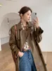 Couro feminino Autumn Faux Longo Trench Coat Women Women Black Double Basted Korean Fashion Moto Jacket Aretwear Lady Outerwear