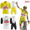 Cycling Jersey Sets VAE Team Cycling Jersey Set Tadej Pogacar TDF Cycling Clothing Yellow Wit Road Bike Shirt Suit Pak BICK BIB SHORTS MAILLOT 230811