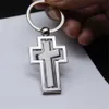 Keychains Lanyards 360 Degree Rotating Cross Keychain Fashionable Simple Hollow Metal Keyring Christian Souvenir Gift Car Key Holder Pendant