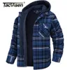 Herrklänningskjortor Tacvasen Men's Flannel Shirt Jacket med avtagbar huva rutig quiltad fodrad vinterrockar Tjock hoodie outwear man fleece skjortor 230811