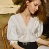 Women's Blouses Kozoca Summer Loose White Shirt Fashion Retro V-neck Blouse Lace Single Breasted Female Tops Versatile Puff Sleeve Women