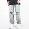 Summer Mens Ripped Jeans Blue Loose Fit Hole Wide-Ben Pants Casual Fashion Trousers Streetwear High Quality Denim Man Clothing HKD230812