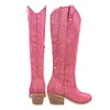 Buty OnlyMaker Women Różowe kolano wysoki błyszcząca błyszcząca błyszcząca palec u stóp obcasowy Western Cowgilr 230812