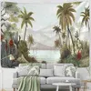 Tapisseries Tapisserie de perroquet vert, plantes de forêt de bord de mer, tenture murale Hippie Tapiz, Art esthétique, décoration murale de dortoir