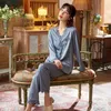 Women's Sleepwear Gray Lace Trim 2PCS Women Pajamas Suit Loose Faux Silk Home Wear Sexy V-Neck Shirt&Pant Nightwear Spring Autumn Casual