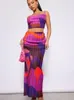 Casual Dresses Purple Printed Pleated Sling Top and Kirt Set Sleeveless Crop Tops Wrap Hip Long kjolar kostym 2023 Summer Chic Party Women