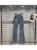 Frauen Jeans High Street EST 2023 Designer Mode Denim Diamonds Perlen Taille Flare Hosen