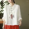 Blouses pour femmes 2023 Spring Summer Round Round manche à manches longues Coton Broidered Bouton de style chinois