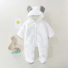 Rompers Baby Girl Boy Clothes Jumpsuit For Kids Winter Fleece Warm Cotton Borns Cute Hooded Jumpsuit Bag Foot Romper Spädbarnskläder 230811