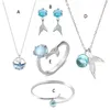 Halsband örhängen set blå havs kristall sjöjungfruar studörhänge skönhet fiskarmband ringen smycken