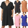 Casual klänningar Kvinnor Short Sleeved Solid Color Loose V Neck Pleated Edge Doll Dress Jacket Simple For Women