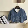 Jackets Kindermantel 2023 Frühling neuer Jungen und Mädchen Solid Color Denim Jacke Baby Kapuze Zipper Top R230812