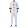 Coton-chemise Coton et lin Pantalon de chemise décontractée Bouton chinois Bouton Retro Retro à manches à manches brodées Broidered Tang Suit Ensemble de manteau