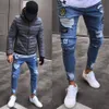 Hirigin Men Jeans 2018 streç yok edilmiş yırtık yırtık aplike tasarım moda ayak bileği fermuar sıska kot pantolon Men304t