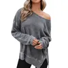 Kvinnors hoodies Crew Neck Lång ärm Top Loose Casual Split Solid Color Hoodie Ladies Fashion Sweaters Knit Round Female