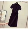 Casual Dresses Female Superior Quality Summer O Neck Drawstring Solid Color Short Sleeve A Line Ladies Frock Drop WYP983