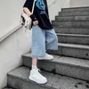 Weitbein-Jeans Männer Sommer Harajuku Mode Kalb-Länge ausgestattete Hose losen lässiger gelegentlich gewaschene Jeans japanische Streetwear HKD230812