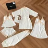 Women's Sleepwear Five Piece Pijamas Set Lace Nightwear Loungewear Summer Women Rayon Pajamas Suit Bathrobe Strap Top&Shorts Homewear