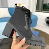 Designer kvinnor plack stövlar snörning upp fotled kvinnor svart läder combat boot high heel mode damer vinter boot skor eu35-41 med lådpåse nr256