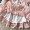 Grundläggande casual klänningar 2024 Autumn Holiday Gorgeous Hollow out broderi klänning kvinnors stand long lykta ärm bandage snörning ruffles sjöjungfrun vestido