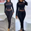 Women's Two Piece Pants Sheer Mesh Boat Neck Crop Top & Set Women O Long Sleeve T Shirt Tee High Waist Pencil