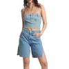 Frauen T -Shirts Frauen Denim Tube Tops Feste Farbe Knopf ausgefranter Saumboot Hals trägerloser Wickelkiste Sommer Rückenless Bandeau