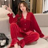 Women's Sleepwear White Velvet Female Pajamas Set Autumn Winter Trouser Suits Sexy V-Neck Lace Nightwar Loose Casual Homewear Loungewear