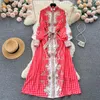 Sukienki zwyczajne Ubranie Słodka Paisley Print Sukienka Koszulka stojak kołnierz długi rękawie szarfy One Piece Red Office Wear Maxi QC748