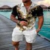 남성용 트랙복 여름 남자 폴로 세트 3D 프린트 스트라이프 남성 트랙복 세트 폴로 셔츠 반바지 반바지 2 조각 캐주얼 지퍼 셔츠 패션 해변 의상 230811