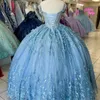 Luxury Sky Blue Sexy V-ringning Princess Quinceanera Dresses Beading Applices Flower Party Dress Tulle Elegent Sweet Vestido de 15 16 Anos