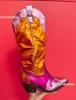 Stiefel Bonjomarisa Cowboy für Frauen gemischte Farbe Metallic Bling Sliver Western Block Heel Slip auf 2023 Herbst Winterschuhe 230812